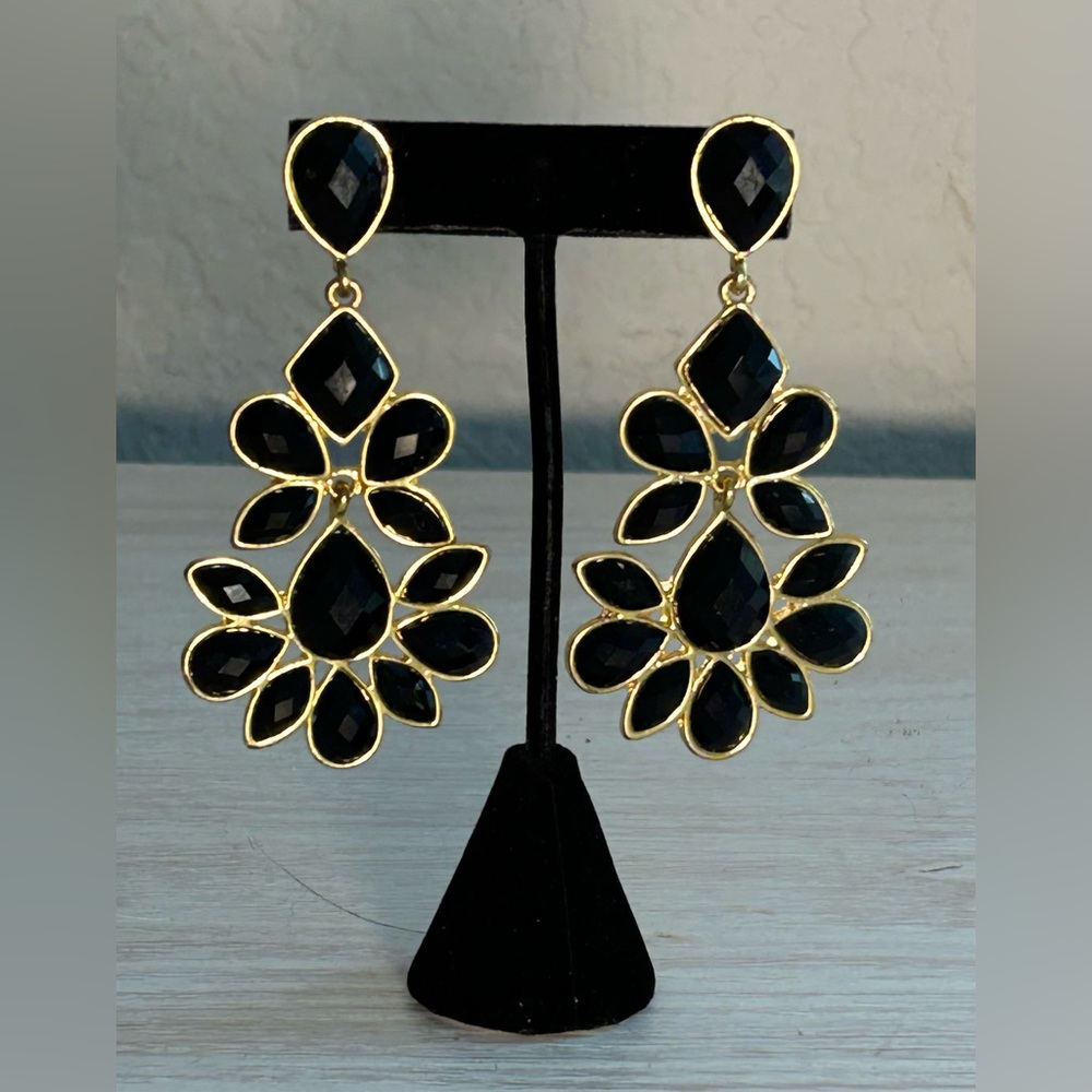 Amrita Singh Gold Plated Black Resin Stone Statement Earrings NWOT